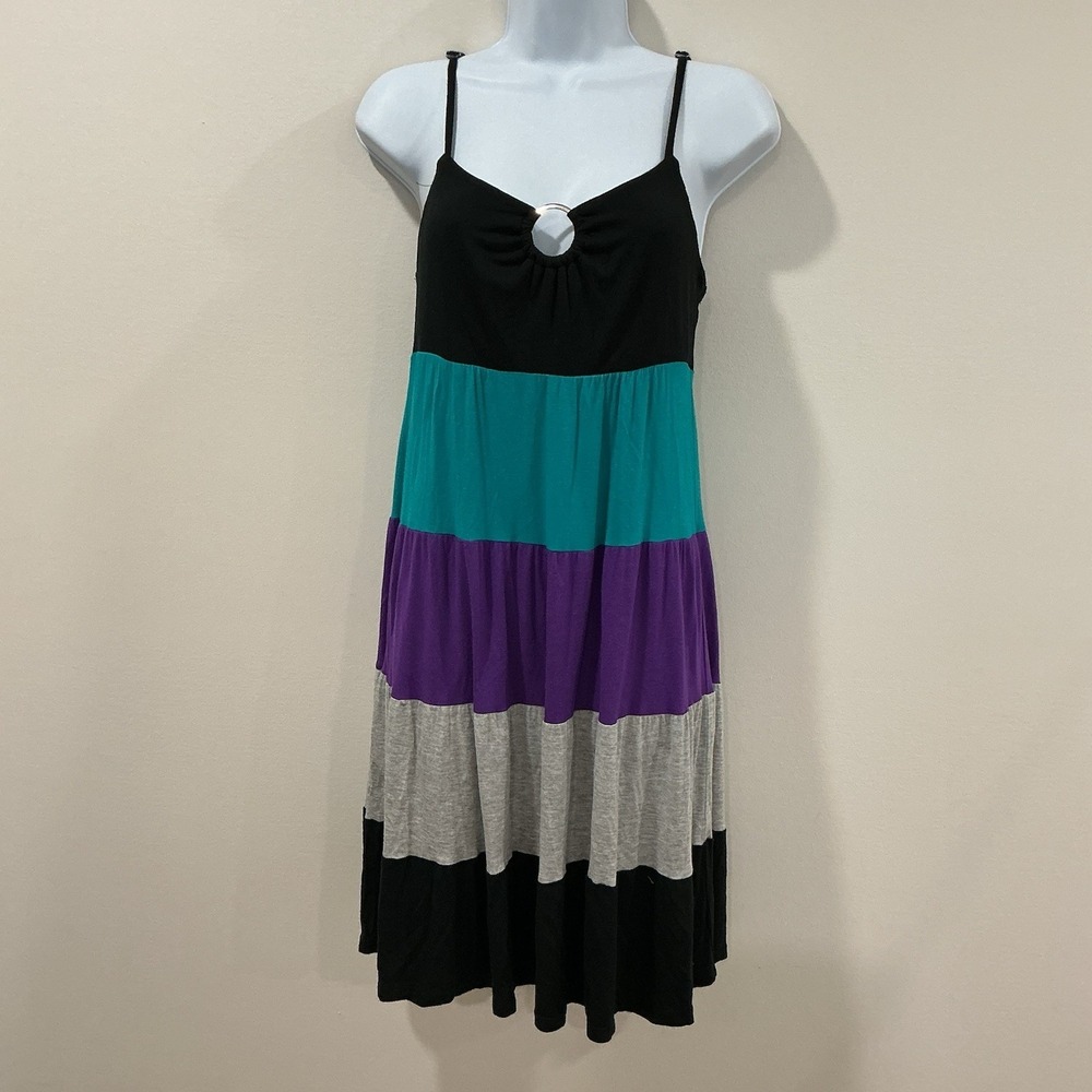 Vintage Y2K I.N. San Francisco Midi Dress Size Medium Tiered Colorblock Ruffle